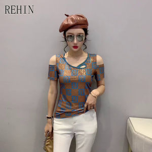 REHIN Womens top Summer new fashion off shoulder heavy beads short-sleeved T-shirt Slim thin trend blouse