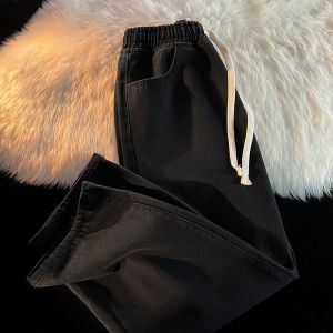 กางเกงยีนส์ผู้ชาย ทรงกระบอกเอวสูง ใส่สบาย เอวยางยืด ปรับเอวด้วยเชือก เหมาะสำหรับทุกฤดูกาล 4สี ฟ้าอ่อน ดำ ยีนส์ เทา