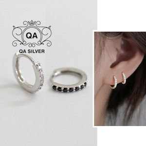 Khuyên tai bạc 925 tròn khảm đá bông tai hoop nam nữ đen trắng S925 HOOP QA Silver Earrings EA191001
