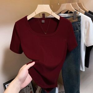 Square Neck Womens Fashion Solid Color Tight Short Sleeve Tops T-shirt Shirt Underwear Womens Streetwear