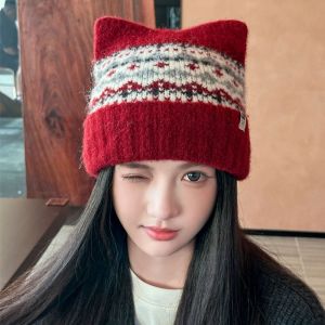 DRESSPLUS Fair Isle Style Jacquard Knitted Hat Printed Fleece-lined Printing Knit Cap Casual Wool Cat Ears Beanies Apparel Accessories