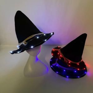 VINEY Gothic LED Witch Hat Black Pointed Design Light Up Wizard Hat Fashion Wide Brim Glowing Halloween Cap Party Props
