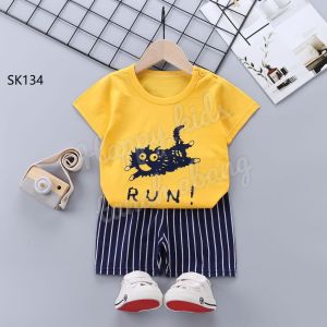 COD BAJU SETELAN KAOS ANAK BAYI LAKI LAKI LENGAN PENDEK WARNA KUNING MOTIF CAT KUCING LUCU BAHAN KATUN