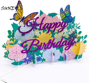 Purple Happy Birthday Pop Up Card Premium Butterfly Flower 3D Birthday Greeting Cards For Women Men Wife Father Mother