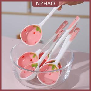 N2HAO 1 cái dễ thương dâu tây gốm súp muỗng kem tay sơn cà phê tráng miệng dài xử lý muỗng Nhà Bếp Bộ đồ ăn phụ kiện