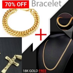 18k cuban chain bracelet and necklace set 2pcs MENs jewelry. FREE ring and JESUS cross pendant