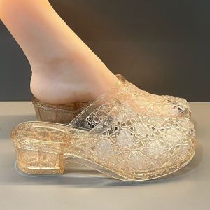[Free Shipping] Womens New Summer Fashion Transparent Crystal Shoes Bathroom Jelly Non-Slip Thick-Soled Odor-Resistant Outdoor Slippers