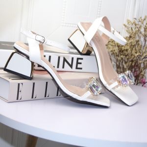 Giày cao gót vuông 5p quai trong phối khóa đính đá 7 màu - SD34