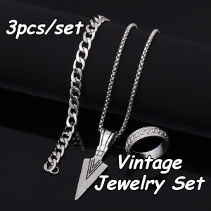 3Pcs/Set Metal Arrow Pendant Necklace Bracelet Ring Set Outdoor Travel Daily Wear Accessories