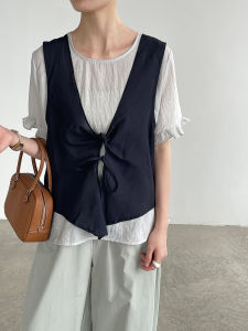 2026 Summer New Women Fake Two-piece Contrast Color Shirt Round Neck Layered Style Tie Waist Spliced Casual Blouse