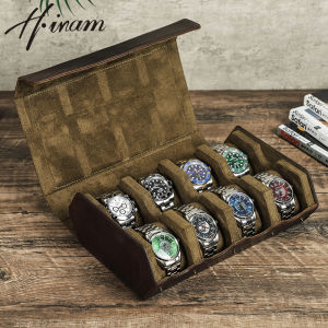 Hiram Vintage Crazy Horse Leather 8 Slots Watch Case Travel Storage Box with Slid in Out For Men Watch Organizers Box