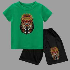 SETELAN CELANA PENDEK DAN KAOS OBLONG ANAK USIA 1-10TAHUN SABLON BARONG 3MUKA BAHAN KATUN COMBED