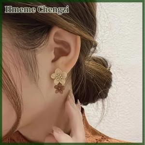 Hmeme Brown Two Color Flower Drop Dangle Earrings For Women Korean Fashion Jewelry Wedding Party Girl Elegant Jewelry Accessories