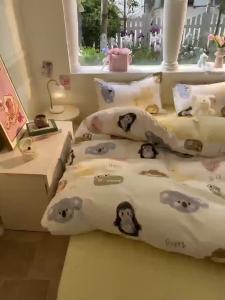Washed Cotton Cartoon Four-Piece Set ins Wind Childrens Bed Sheet Quilt Cover Spring Summer Single Student Dormitory Quilt Set Three-Piece Set LZD