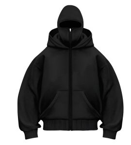 Hoodie BALACLAVA Zipper Jaket Boxy Warna Hitam Polos Kerah Tinggi Double Kupluk