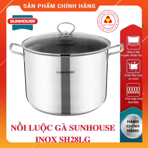 Nồi luộc gà inox 3 đáy nắp kính 28 cm Sunhouse SH28LG
