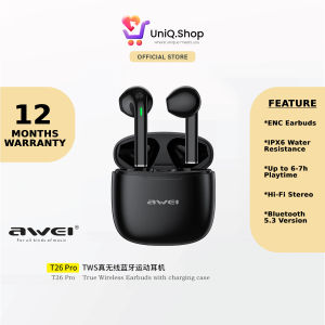 Awei T26 Pro HIFI Stereo Wireless Earbuds (Black) | In-Ear Bluetooth Earphones with Microphone Mic Waterproof IPX6