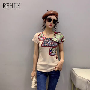 REHIN Women's T-Shirt: Unique Pattern Print Short Sleeve Shirt Cotton Slim Fit S-3XL Round-Neck Elegant Blouse