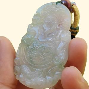 High Quality Icy Translucent Light Green Natural Type A Jadeite Jade crafted with Fortune God as Pendant certificate weighs 16.37 grams measurement 50.8 * 29.2 * 6 mm (pendant265)