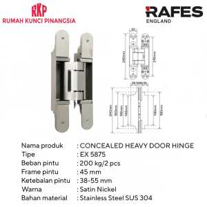 Concealed Invisible Door Hinge Engsel Pintu Tanam 200 kg Stainless Steel SUS 304 RAFES EX 5874 / EX 5875 / EX 5876
