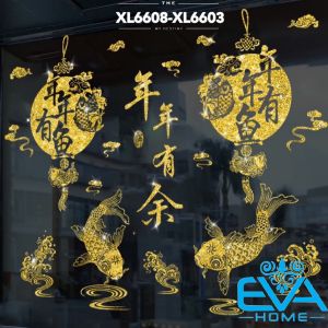 Bộ 2 Decal Dán Tường Dán Kính Trang Trí Tết Họa Tiết Lồng Đèn Và Cá Chép Dư Dã Tài Lộc Nhũ Vàng XL6603-XL6608 M3586
