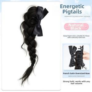 OOG Long Bow Braids Ponytail Extensions 16 Inch Claw Clip Twist Braid Hairpiece Trendy Natural Handmade Braids Pony Tails for Women