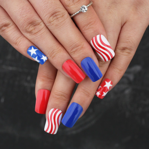Independence Day Press on Nail French Tips Fake Nail 4th of July Patriotic False Nail Full Cover Design Acrylic Nail