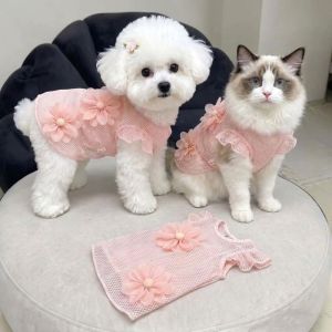 CHUN053634 Breathable Cat Dog Dress 3D Flowers Mesh Cat Dog Outfit Cute Comfortable Pet Sundress Pet 0-8 Kg