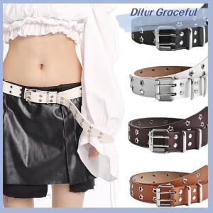 Ditur เข็มขัดโซ่แฟชั่นผู้ชายผู้หญิงสไตล์พังก์ปรับได้ลายดาวกลวงหัวเข็มขัดคู่หัวเข็มขัดโลหะหัวเข็มขัดกางเกงยีนส์หนัง