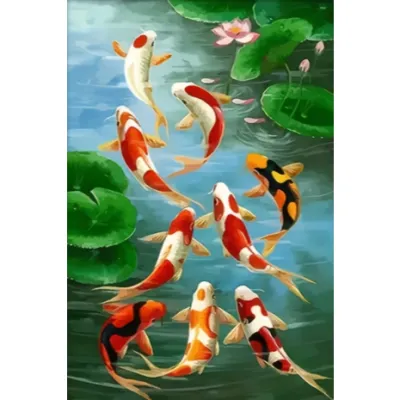 Seni Kanvas Kolam Ikan Koi Modern Dekorasi Dinding Kontemporer yang Semarak Lukisan Gaya Alam Klasik Modern(20 x 30cm)