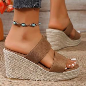 Non-Slip Rope-Soled Wedge-Heeled Strap Sandals Large Size WomenS Waterproof Platform Height-Increasing Thick-Soled Sandals Beach Sandals