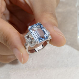Messi Jewelry CVD Emerald Cut Lab Grown Aquamarine 10CT Solitaire PT950 Ring Custom Jewelry MSR-1691