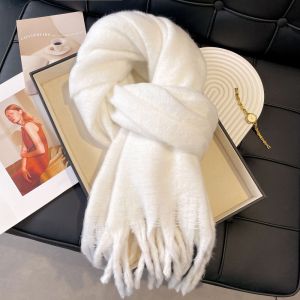 LUMINELLEB Korean Style Long Wool Tassel Scarf Windproof Solid Color Winter Cashmere Scarf Trendy Outdoor Cashmere Shawl Women
