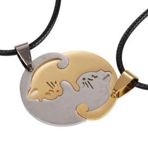 Matching Cats Pendant Necklace for Couples and Friend Stainless Steel Choker with Adjustable Chain for Men and Women