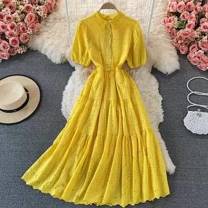 Summer Turn-Down Collar Single Breasted Puff Sleeve A-Line Vintage Vestidos 2023 Women Yellow/Blue/Beige Hollow Out Long Dress㏇X0407