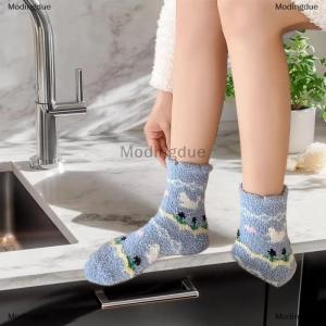 [COD] Modingdue Cute Flower Coral Fleece Plush Mid-calf Socks Womens Autumn Winter Thicken Warmer Socks Home Floor Sleeping Sock Christmas Gift