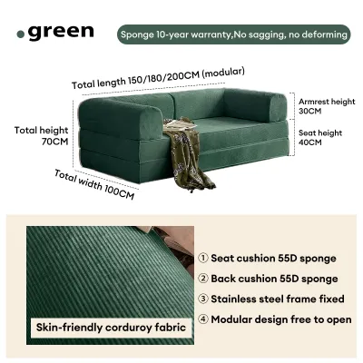 COZY Full Sponge Roll Pack Dual Purpose Foldable Sofa Bed with Handrail - Compressed Fabric Sofa Set Sizes: 1.8/1.5/2M Applicable to Living Room Small Living Room