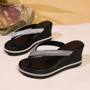 [Free Shipping] Non-Clamp Sandals New Sandals Wedge Beach Rhinestone Sandals WomenS Fashion Round Toe White