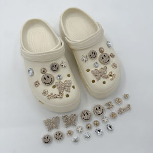 20Pcs Crocs Jibbitz Charms 3D Golden Butterfly Smiley Face Shoe Buckle Detachable Crystal Diamond Shoe Decoration for Crocs