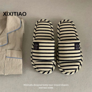 XIXITIAO Sweat-Absorbent and Breathable ins All-Season Couples Floor Shoes Simple Striped Mens and Womens Comfortable Slippers Home Shoes