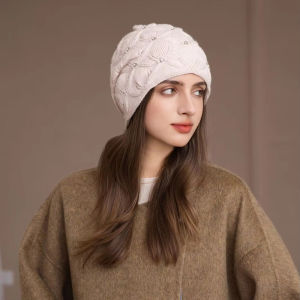 Womens Knit Beanie Beaded Accent Trendy Versatile Caps Crewneck Hat Autumn Winter Warm Casual Baggy Cap