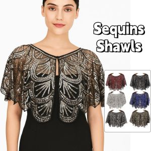 SKJK Mesh Sequins Poncho Coat Blingbling Ruffle Sequins Shawls Sparkling Multicolor Short Cape Ladies