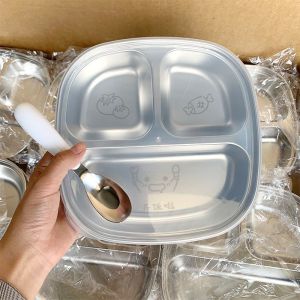 Kids Plate 304 Stainless Steel Cartoon Compartment Lunch Box Portable Dinner Plate for Kids
