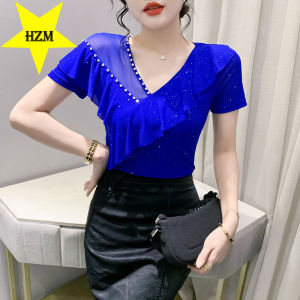 HZM Summer 2023 mesh stitching hand-nailed beaded short sleeve T-shirt womens slim design sense of fashion top