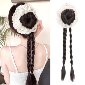 LKMART White Lace Hair Bands Ponytail Ballet Style Hair Extension Flower Bun Head Wig Elegant Natural Twist Braid Wig for Women
