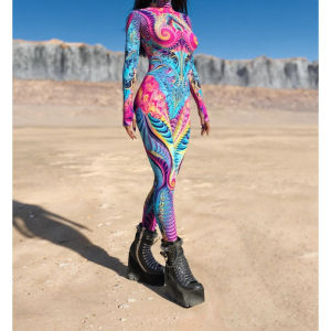 [Yiniu] High quality women rainbow threads print jumpsuit colorful vibes catsuit festival bodysuit rave outfit Carnival aerial yoga suit