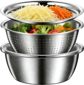 Germany Multifunctional Stainless Steel Basin 3 In 1 Multipurpose Drain Basket Grater Basin Bowl with Grating and Slicing Bowl for Vegetables FruitsRice Rinser Food Graters (26cm)