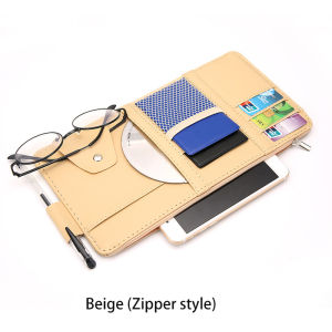 KAISER Multifunctional Car Sun Visor Organizer Storage Leather Car Card Holder Pocket With Zipper for Bill Money Card Phone Pen Sunglasses Clip Organizer Car Accessories Inside Universal Fits Cars