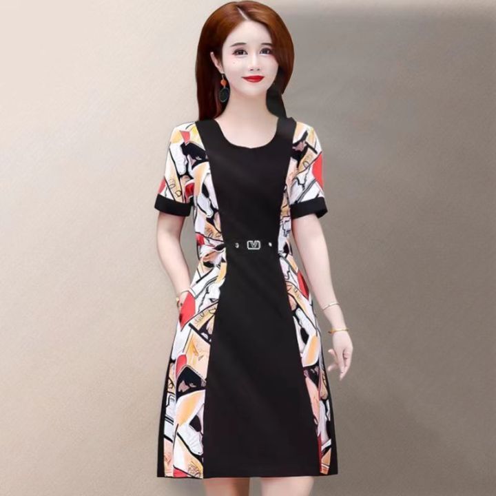 Korean Style Middle age Mother Short Sleeve Dresses Plus Size Fat Girl Can  Wear Showing Slim Looes and Thin A-line Dress Women New Style dress |  Lazada PH