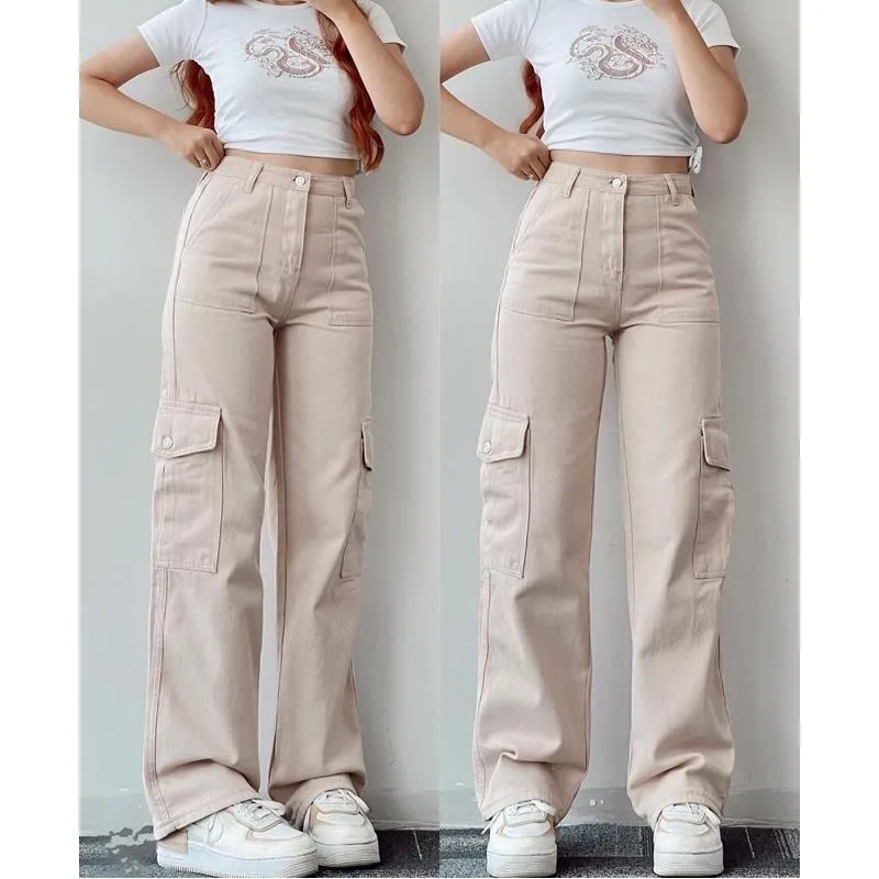 Womens White Cargo Pants Casual All Match Loose Straight Leg Pants